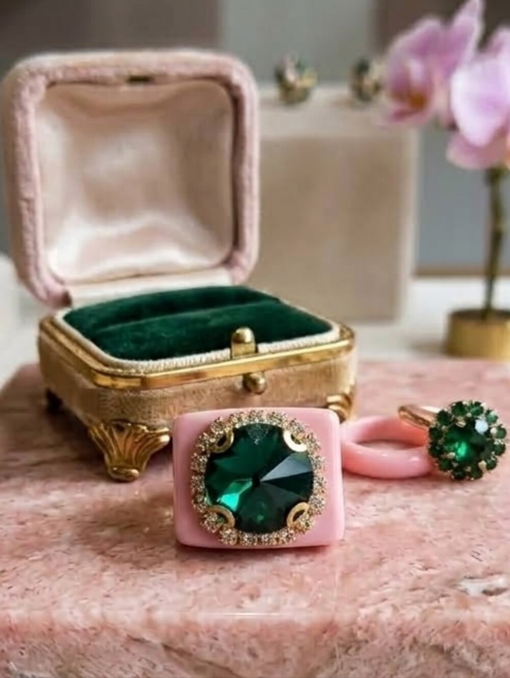 Oversized Pink Ring with Green Accent